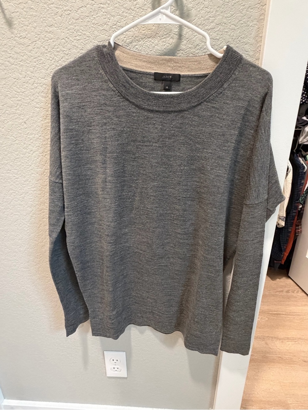 J. Crew Heather Gray Crewneck Sweater with Contrast Trim 100% Merino Wool